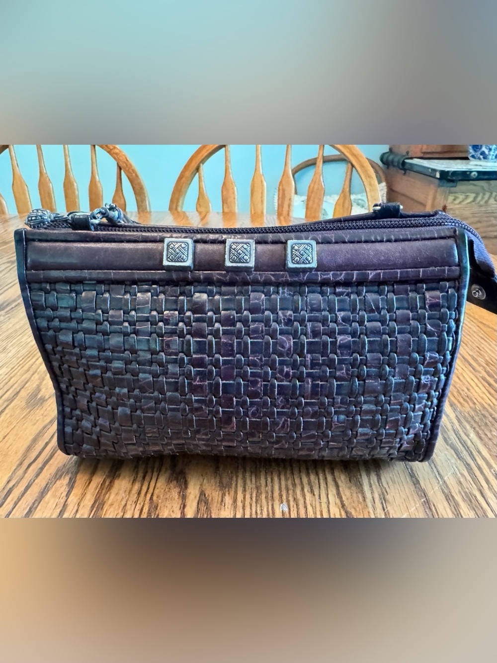 Vtg Brighton Crossbody Purse Black Romag Embossed Leather Organizer Weave Accent